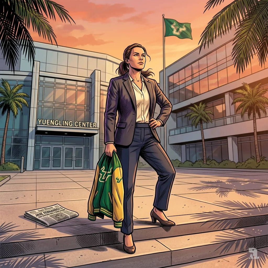 Kristy Curry stands before Yuengling Center at golden hour, holding USF Bulls jacket, beginning new era.