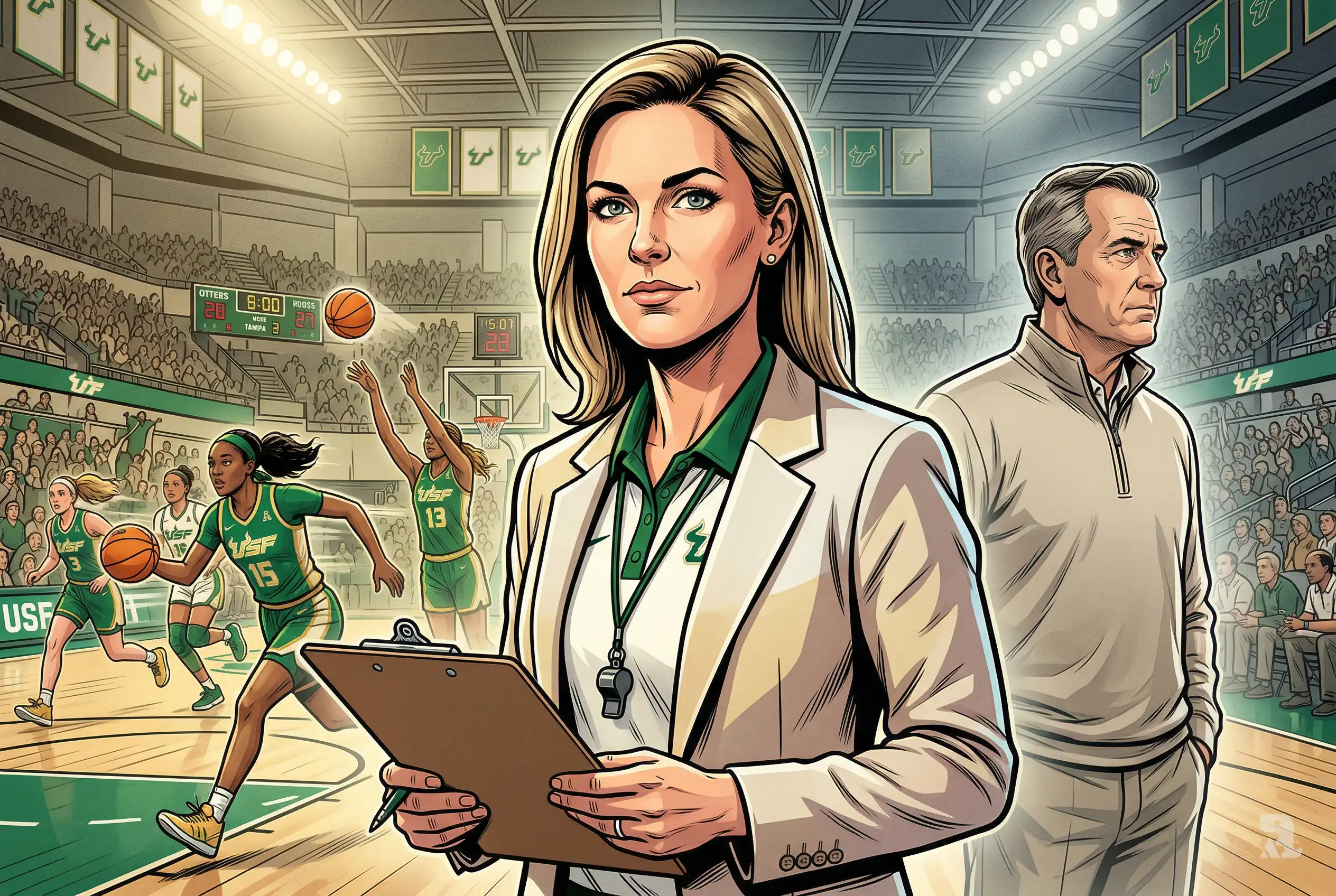 Kristy Curry stands determined courtside as Jose Fernandez fades into background, with USF players in action symbolizing leadership transition and program rebuilding moment.