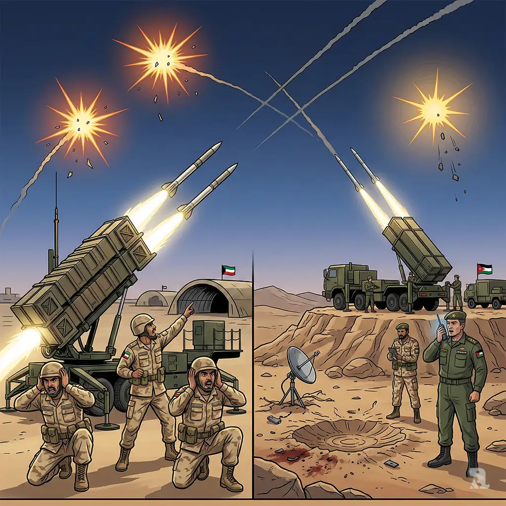 Split scene of Kuwaiti and Jordanian military personnel operating missile defense systems. Interceptor missiles launch toward incoming Iranian ballistic missiles as successful explosions occur in the sky over Ali Al Salem airbase and a Jordanian desert position.