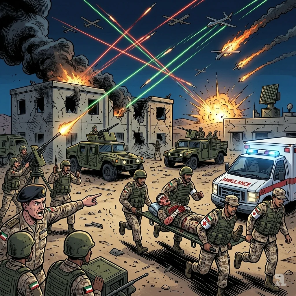 Dutch angle shot of a Kuwaiti military camp under night attack with anti-aircraft tracer fire and soldiers scrambling.
