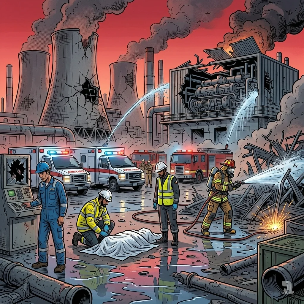 Emergency responders at a damaged Kuwaiti power plant, with a covered body in the foreground amid industrial wreckage.