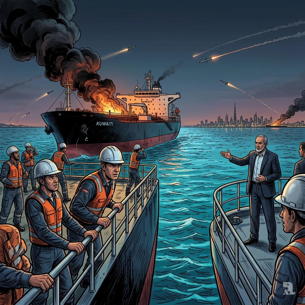 A Kuwaiti oil tanker smolders off Dubai after an attack, with missile trails streaking toward the UAE coastline as crew members survey the damage.