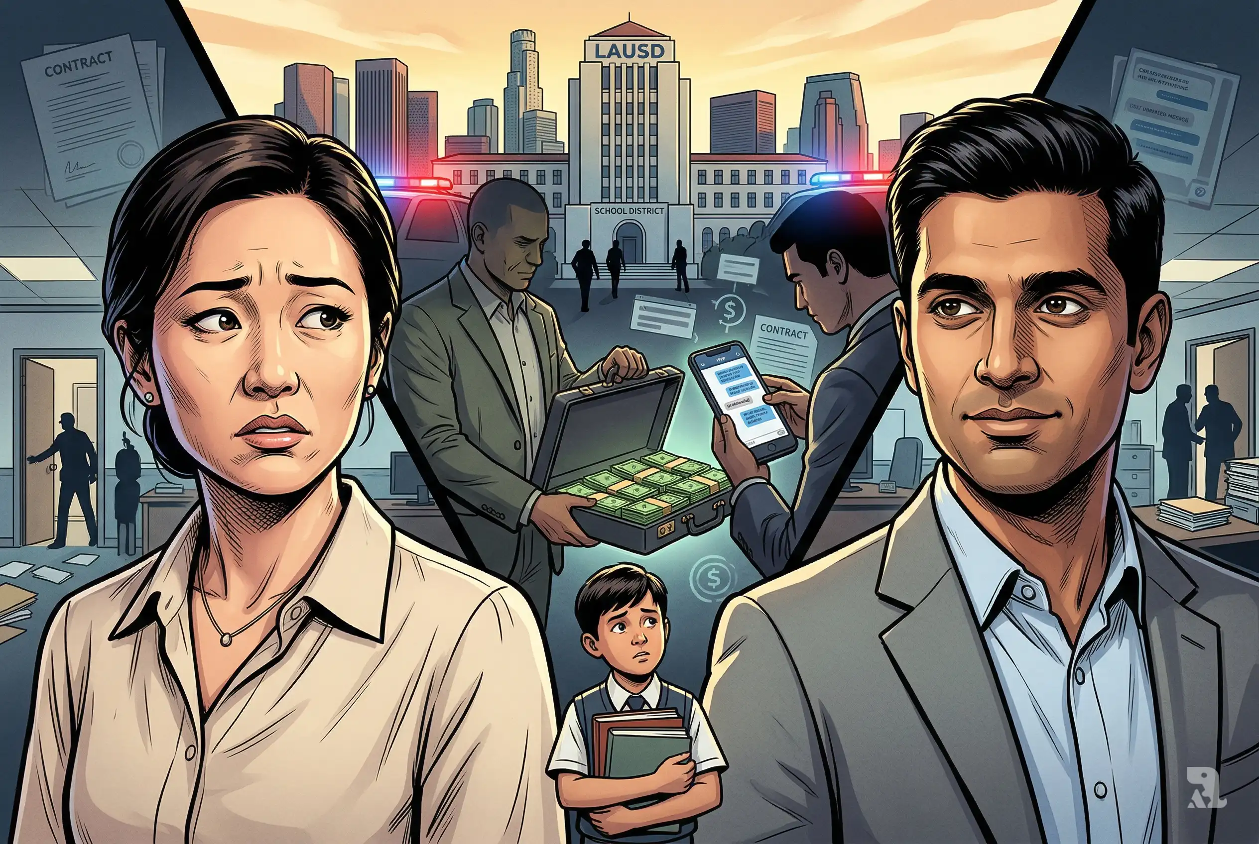 Hong Grace Peng and Gautham Sampath face corruption scandal as money laundering unfolds, with cash exchange, school symbolism, and police investigation in Los Angeles backdrop.