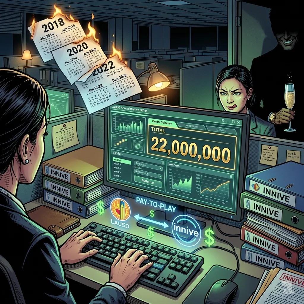 Grace Peng authorizes a $22 million payment on a glowing screen while Gautham Sampath watches from the shadows of the LAUSD office.