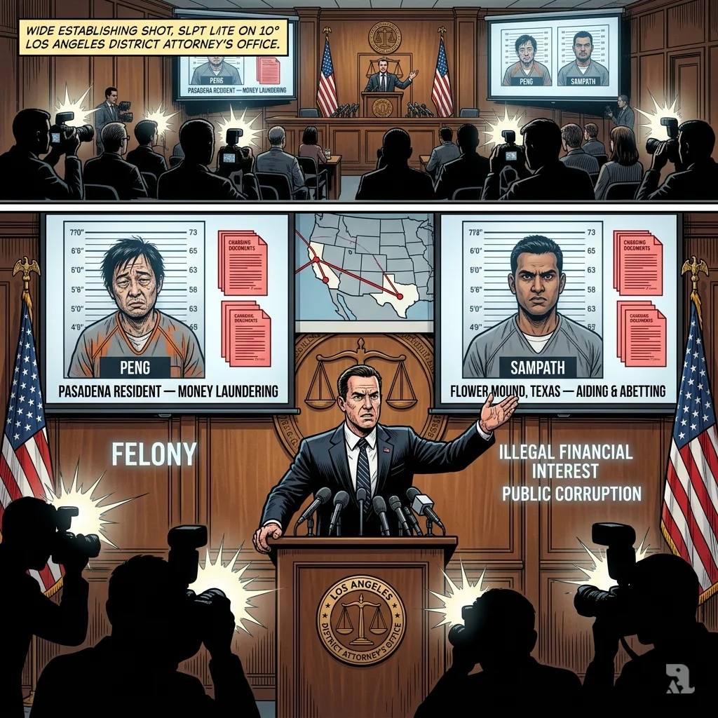 DA Nathan Hochman points to booking photos of Peng and Sampath at a press conference, with charging documents displayed on screens behind him.
