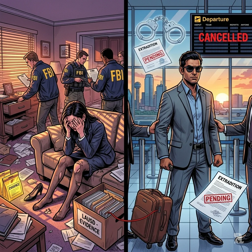 Split scene showing Peng collapsed during a home raid in Pasadena and Sampath detained at an airport, connected by a thread of evidence.