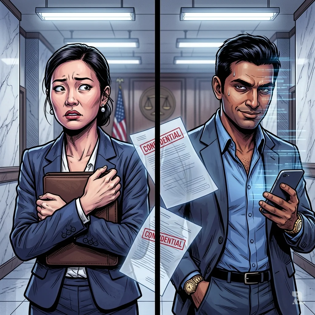 Grace Peng and Gautham Sampath stand separated by shadow in a federal courthouse corridor, surrounded by ghostly contract documents.