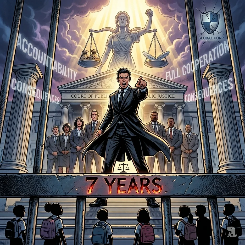 DA Hochman points accusingly from the Hall of Justice steps, framed by prison bars and scales of justice, with schoolchildren silhouettes below.