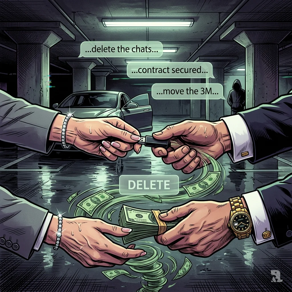 A clandestine exchange of a USB drive and cash in a parking garage, with swirling money and floating text messages implying a kickback scheme.