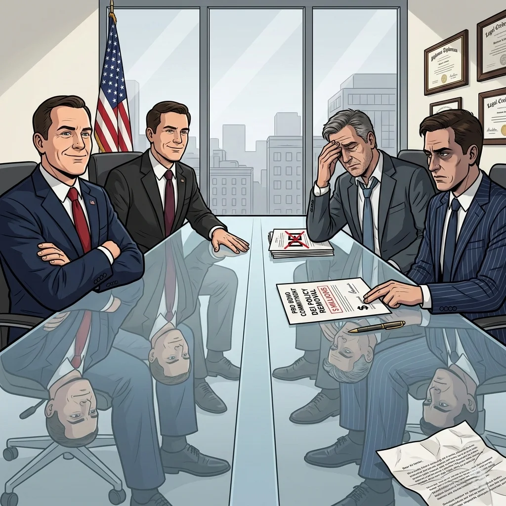 Law firm partners reluctantly sign concession agreements with smug administration officials in a conference room, agreeing to pro bono work and DEI policy removal.