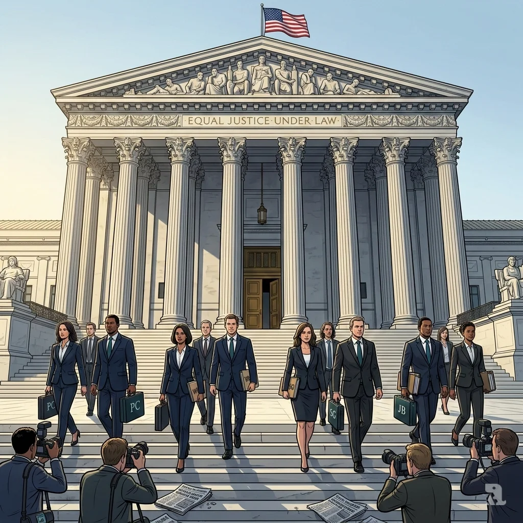Legal teams from Perkins Coie, WilmerHale, Susman Godfrey, and Jenner & Block ascend a federal courthouse steps together to challenge Trump's executive orders.