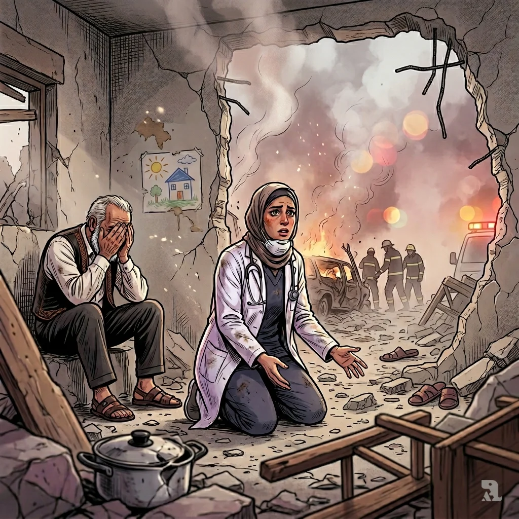 A female medical worker kneels by a wounded child while an elderly man grieves and a stunned boy holds a shoe amid destroyed buildings.
