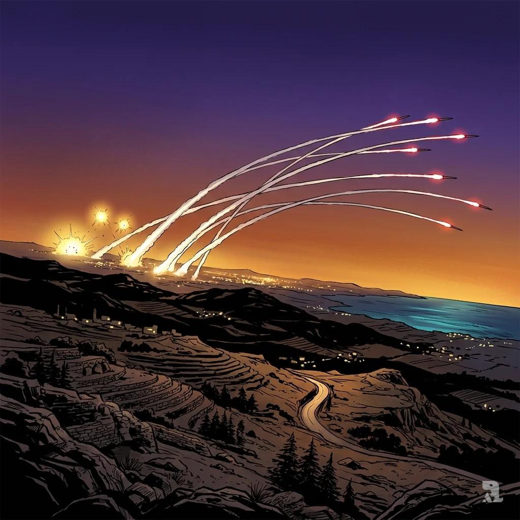 Twilight over Southern Lebanon hills with multiple rocket trails crossing the sky and Iron Dome interceptions on the horizon.