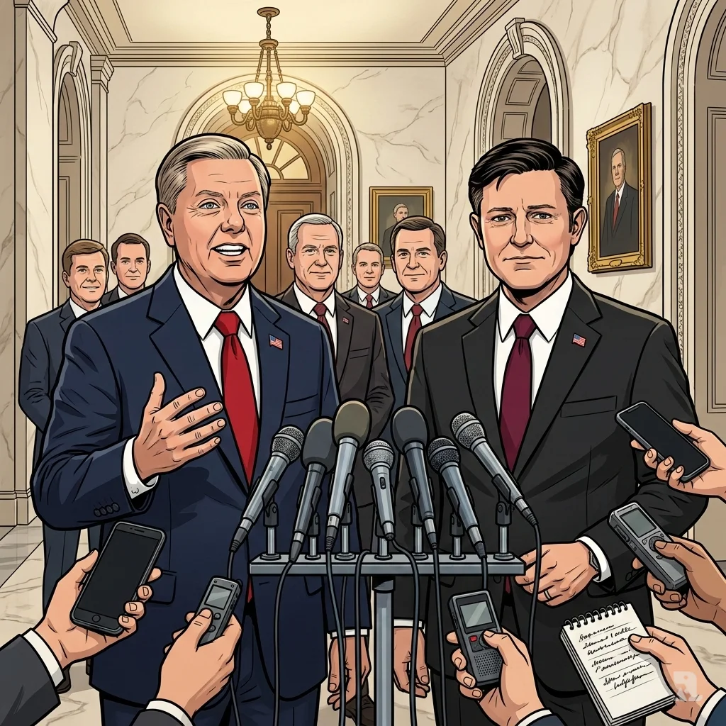 Lindsey Graham gestures assertively while Mike Johnson nods in agreement at a Capitol press conference. Reporters thrust phones and recorders toward them.