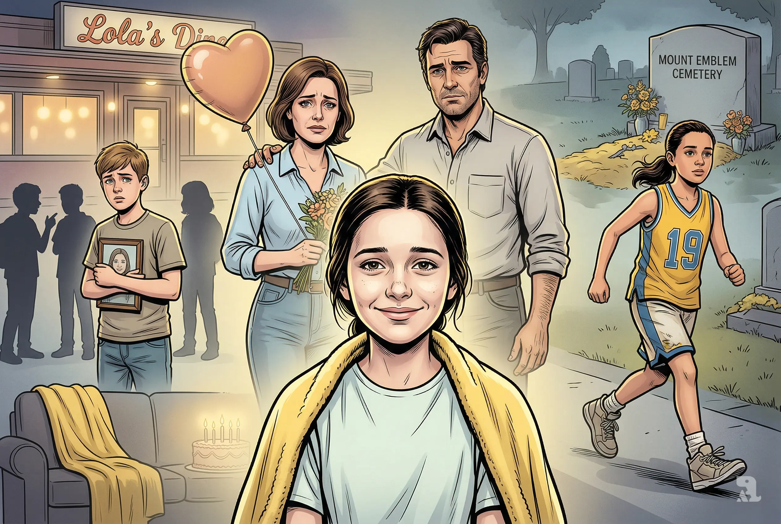 Emotional illustration of Lola Muñoz with grieving family at cemetery and symbolic memories, showing legacy, childhood cancer loss, and remembrance through family traditions.