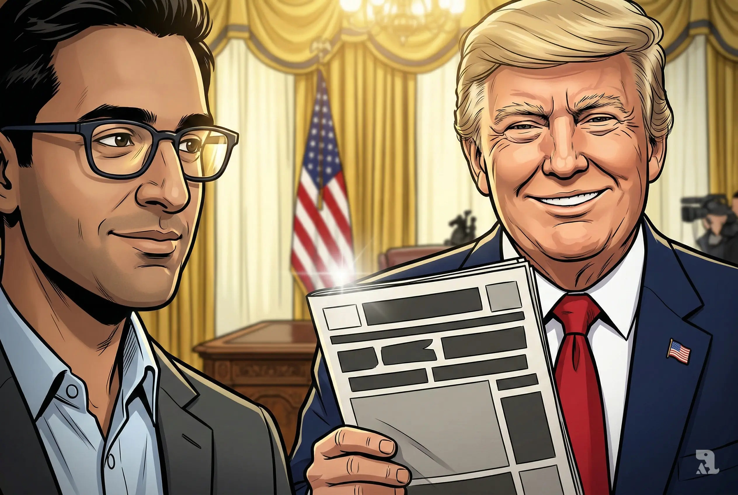 Trump smiling in Oval Office holding tabloid front page while Mamdani watches.