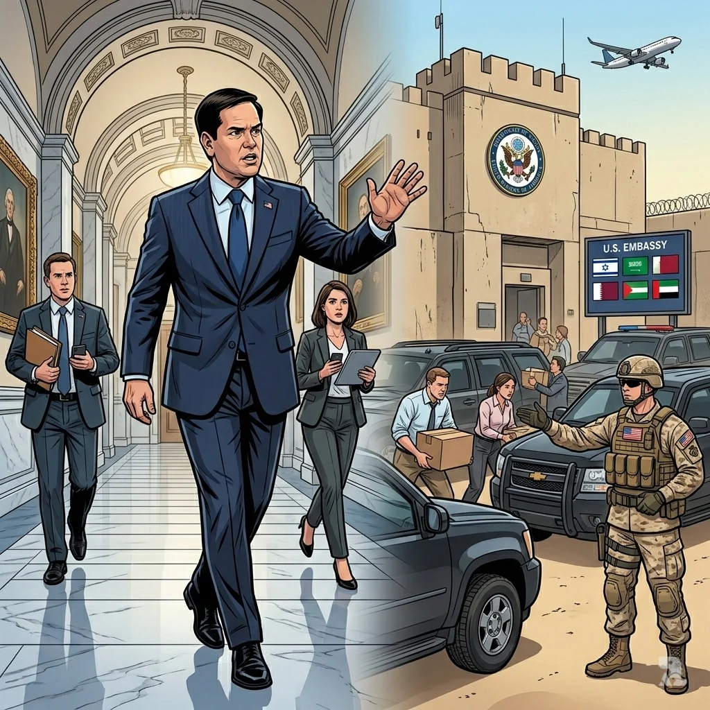 Secretary of State Marco Rubio walks urgently through a Capitol Hill corridor. The scene transitions to U.S. Embassy staff evacuating and packing documents in the Middle East.