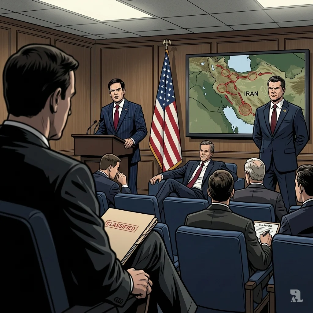 Over-the-shoulder shot of Senator Chris Murphy facing Marco Rubio and Pete Hegseth in a briefing room. A military map of Iran with strike zones is on the screen.