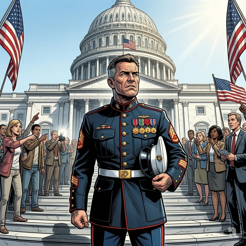 Brian McGinnis, a Marine veteran, sparks intense controversy by wearing his military uniform to an anti-war protest at the US Capitol.