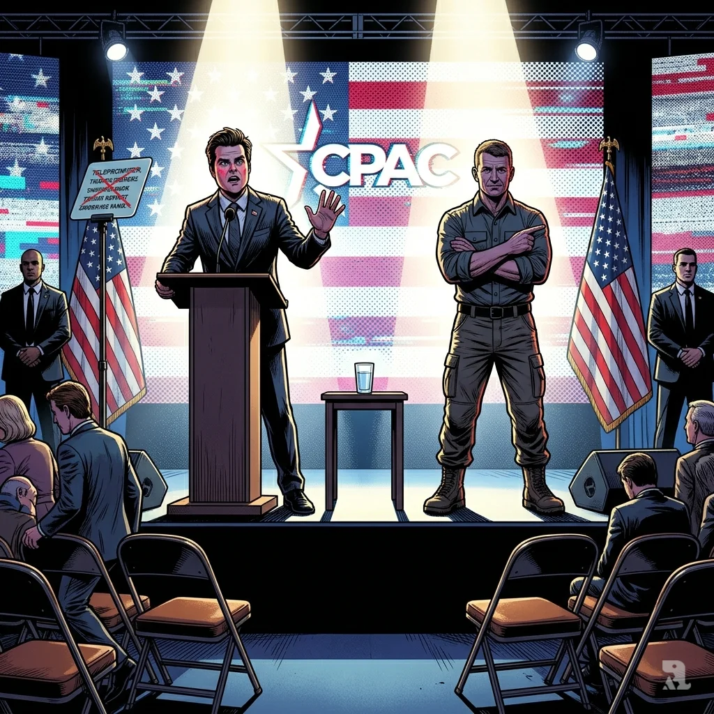 Matt Gaetz and Erik Prince stand on stage at CPAC, backlit by a glitching flag display. Empty chairs in the foreground emphasize unheeded warnings.
