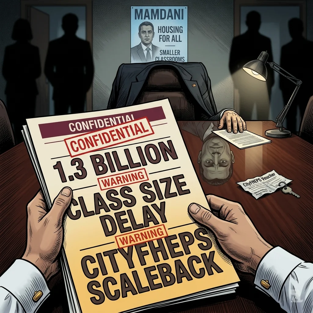 Mayor Mamdani’s hands grip a confidential budget document detailing class size delays and CityFHEPS cuts, his reflection visible.