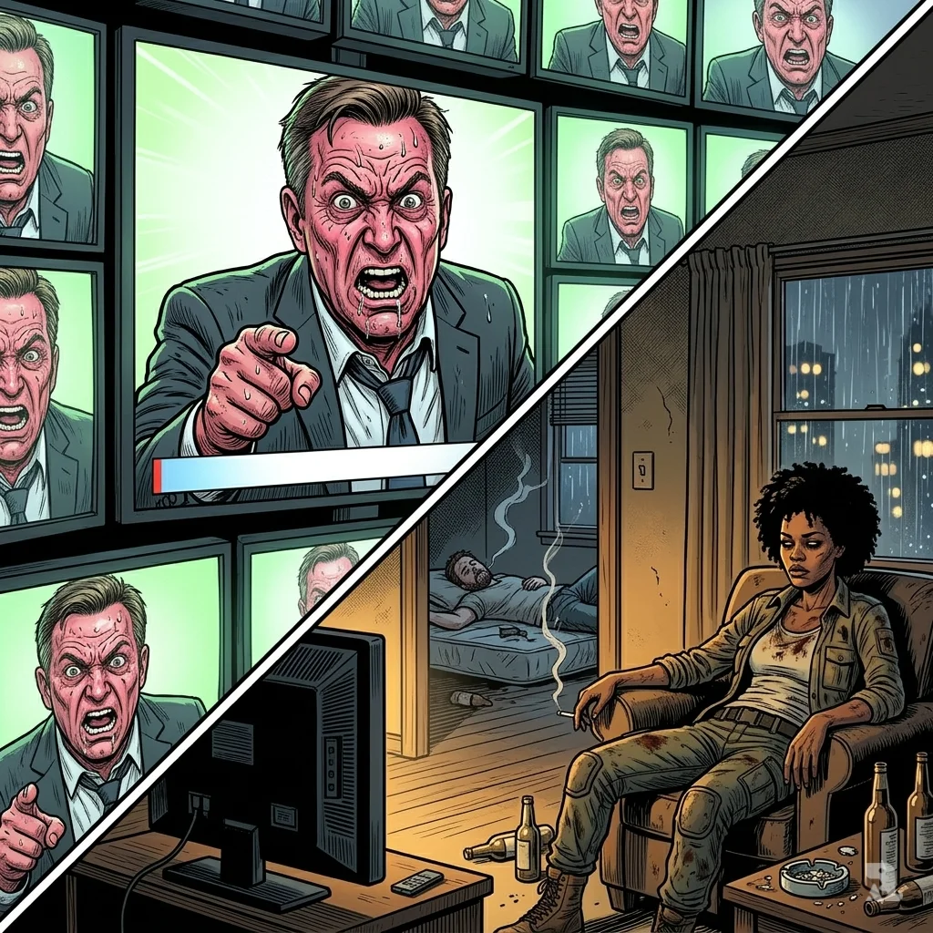 A split image contrasts the grotesque close-up of a screaming pundit on multiple TV screens with a defeated Perfidia sitting alone in a dark room, watching the broadcast with a hollow expression of betrayal.