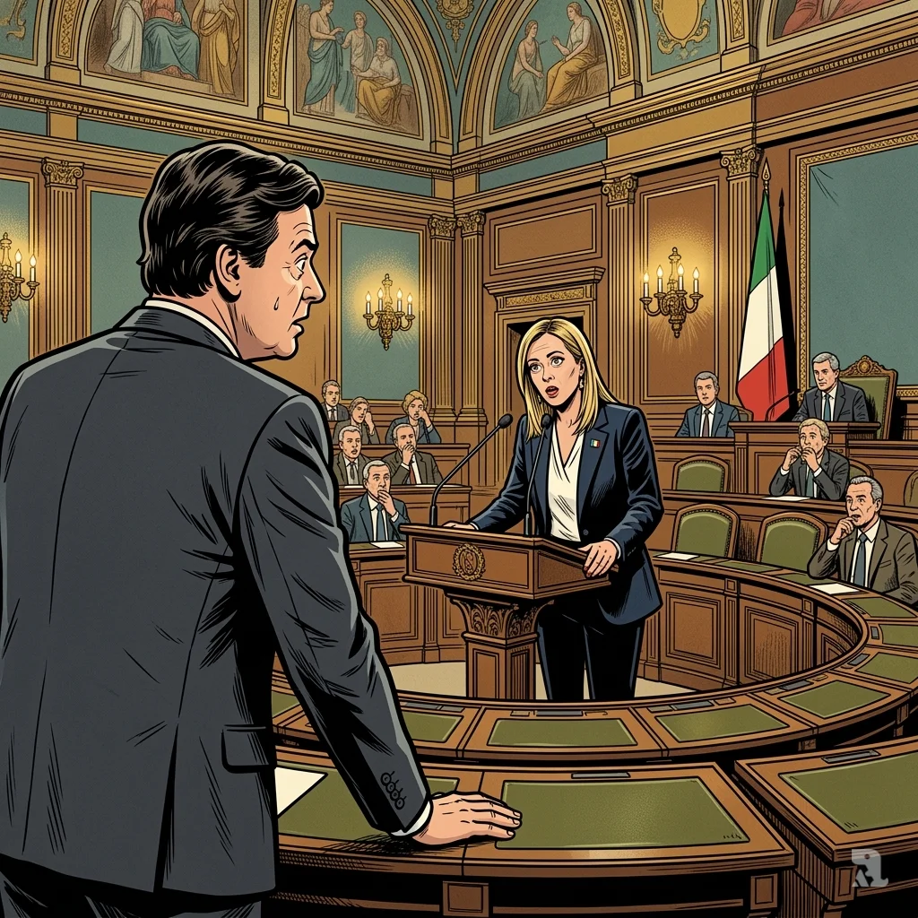 An over-the-shoulder shot of Senator Carlo Calenda in the Italian Senate as Prime Minister Giorgia Meloni speaks at the lectern. The chamber looks on in surprise as Meloni agrees with the opposition's criticism of President Trump, her expression candid and measured.