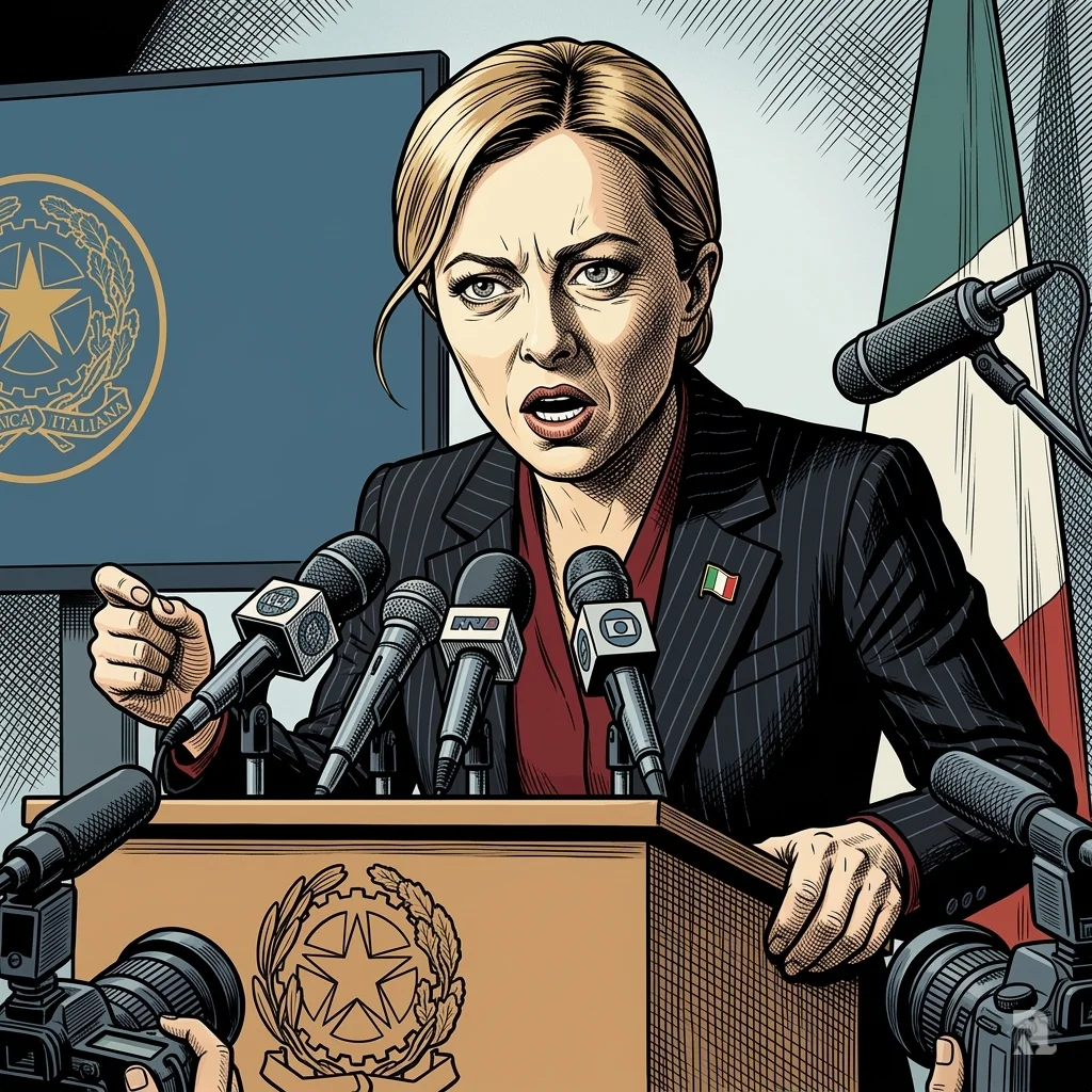 A close-up of Prime Minister Giorgia Meloni at a press conference podium. With a furrowed brow and intense expression, she condemns the strike on the Iranian school as a "massacre," the harsh lighting casting a shadow on her face and symbolizing her political conflict.