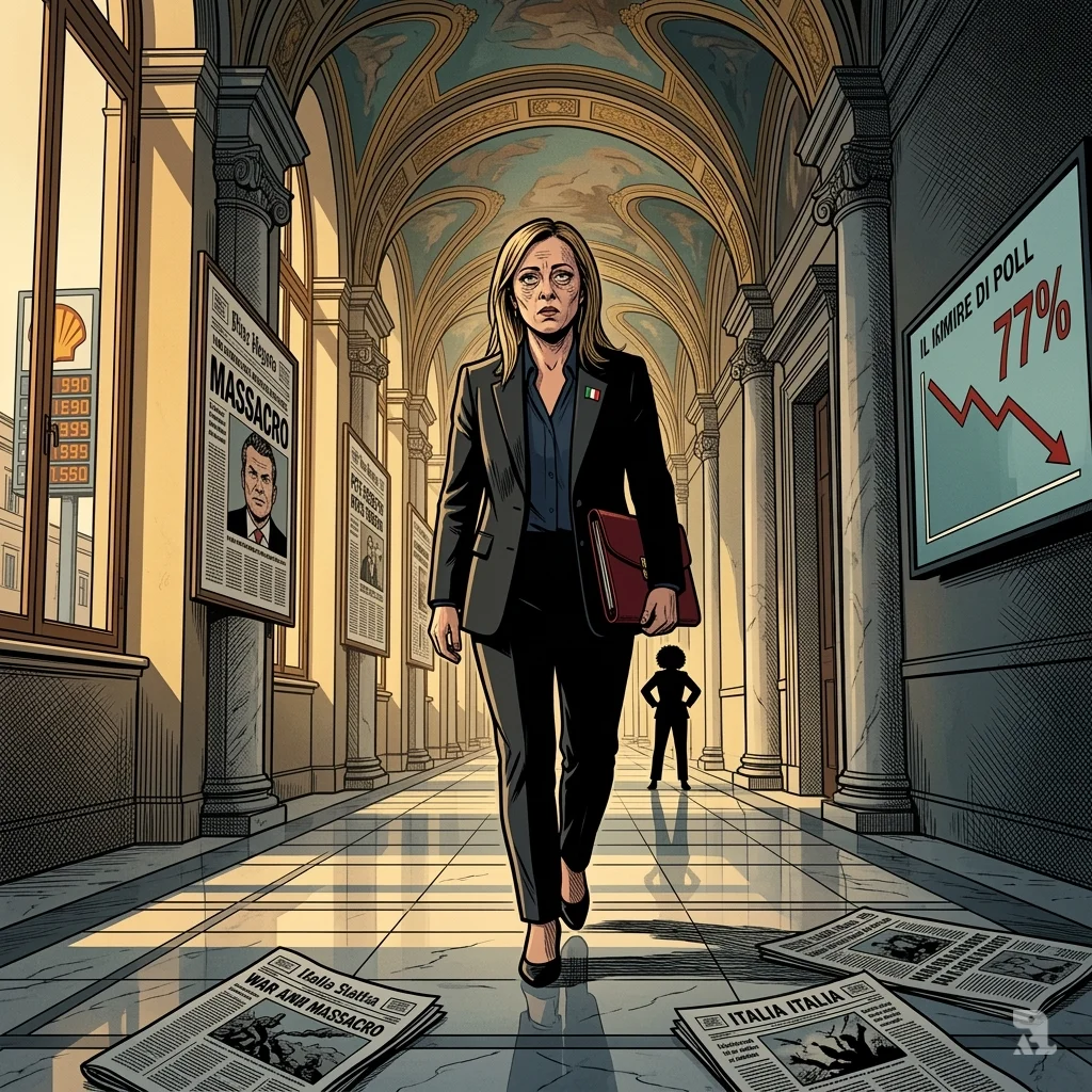 A low-angle shot of Prime Minister Giorgia Meloni walking alone down a long, empty grand corridor in Palazzo Chigi. Newspaper headlines and a digital poll showing Trump's declining approval ratings line the walls, symbolizing her isolated position and political burden.