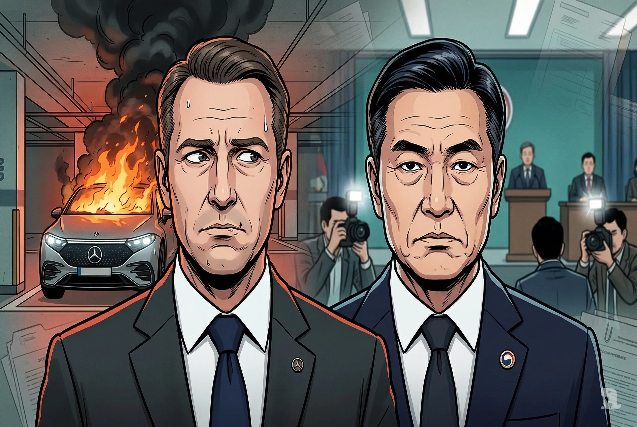 FTC chairman confronts tense Mercedes executive as burning electric car and blurred press conference backdrop highlight corporate scandal and government penalty investigation.