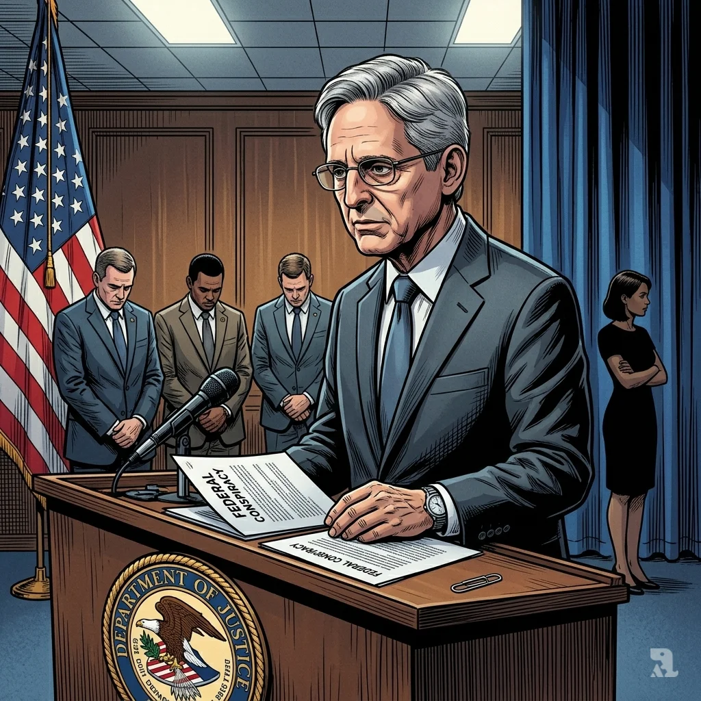 Attorney General Merrick Garland speaks at a DOJ podium as three officers in suits stand behind him under the American flag.