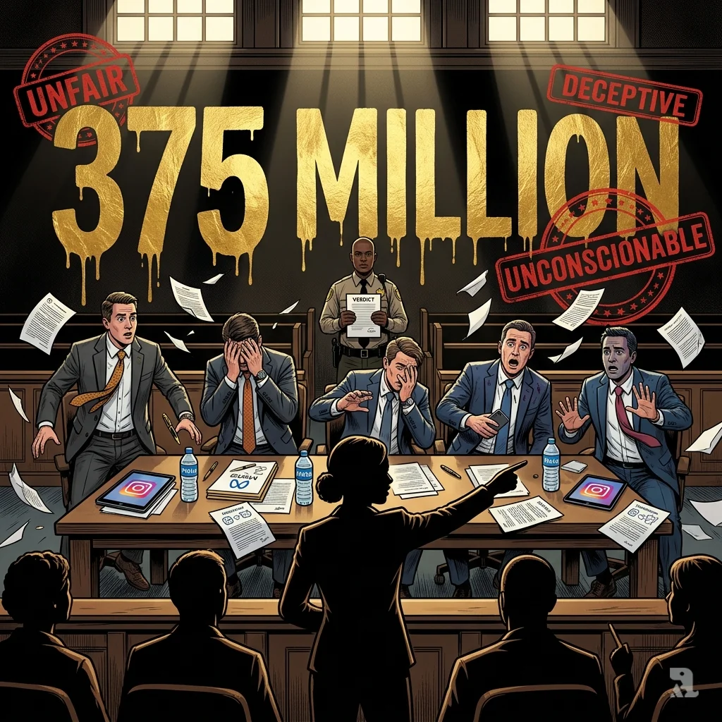 A jury foreperson points at Meta’s legal team as a giant “375 MILLION” gold verdict dominates the courtroom wall.