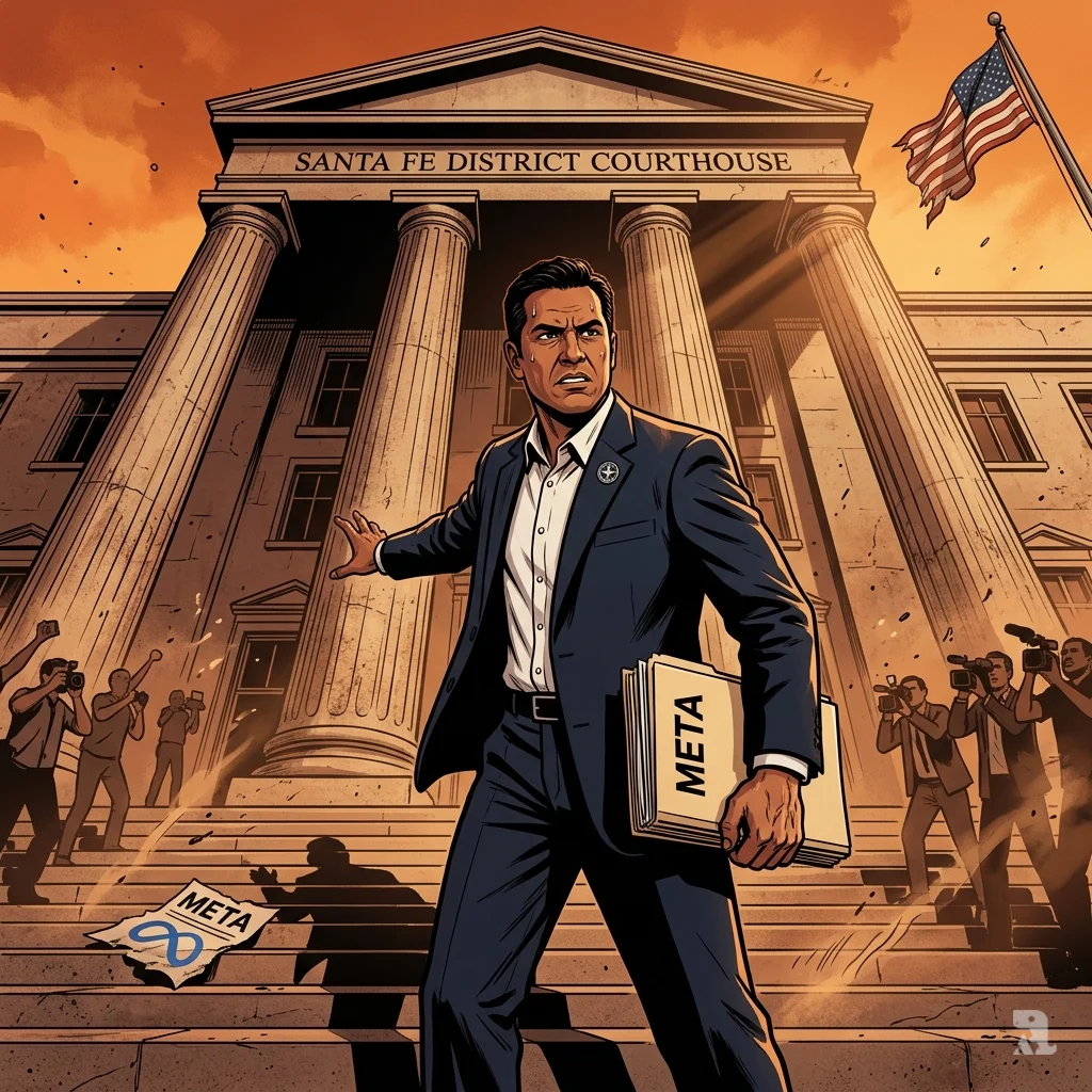 New Mexico Attorney General Raúl Torrez stands before a courthouse, gripping legal files labeled “META” under a burning orange sky.