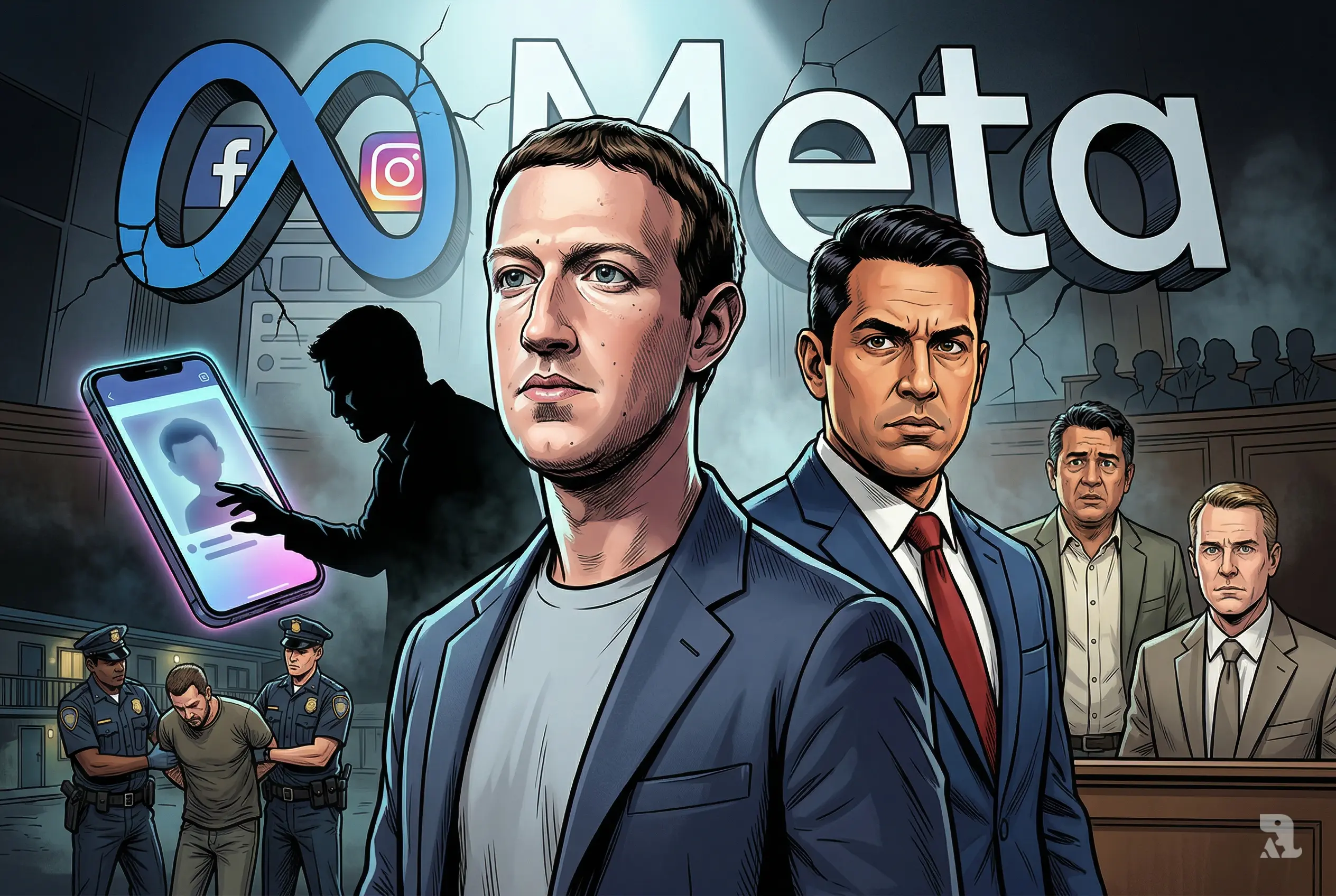 Mark Zuckerberg and Raúl Torrez face off in a dramatic courtroom scene, with shadowy predator figures, police arrests, and Meta platform imagery highlighting child safety failures.