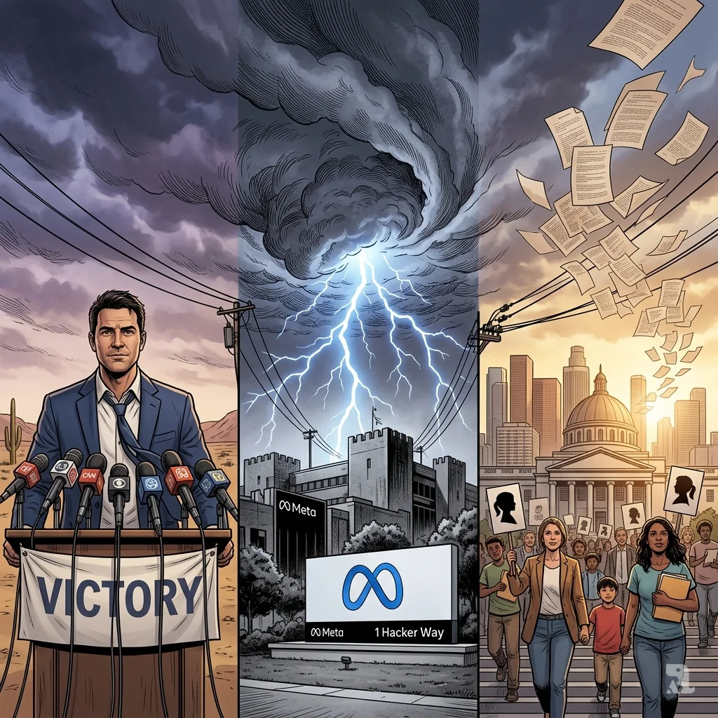 Triptych of Torrez at a victory press conference, Meta headquarters under storm clouds, and a crowd of families ascending a courthouse steps.