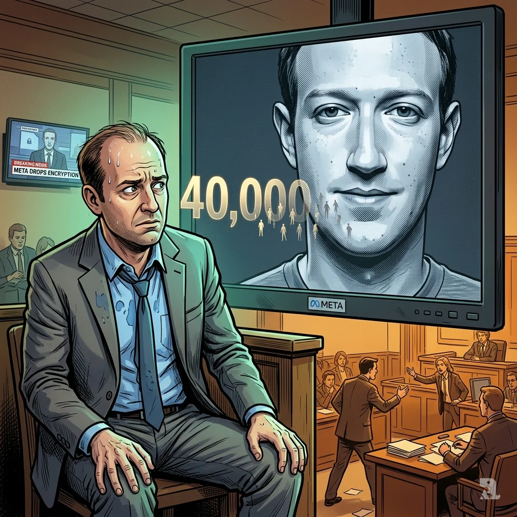 Meta executive Brian Boland testifies as Mark Zuckerberg appears on a massive courtroom screen with a “40,000” casualty visualization.