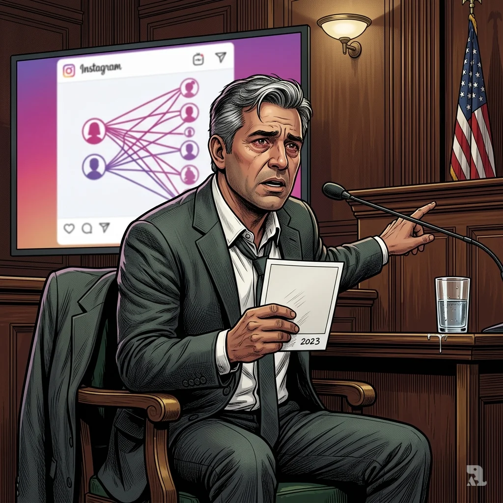 Former Meta employee Arturo Bejar testifies in court, holding his daughter’s photo as an algorithm diagram looms on screen behind him.