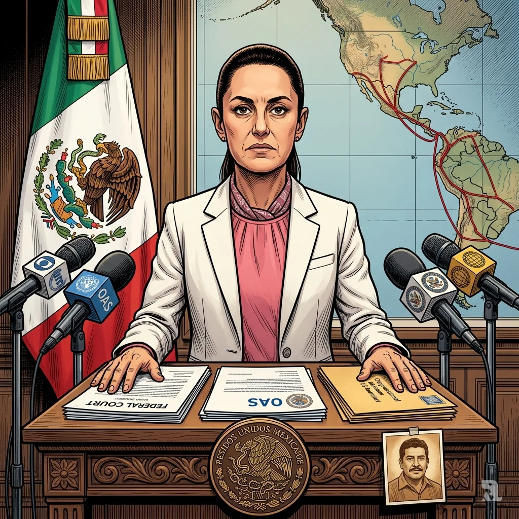 President Claudia Sheinbaum stands at a podium with Mexican flag, holding legal documents and looking directly at the camera with a resolute expression.