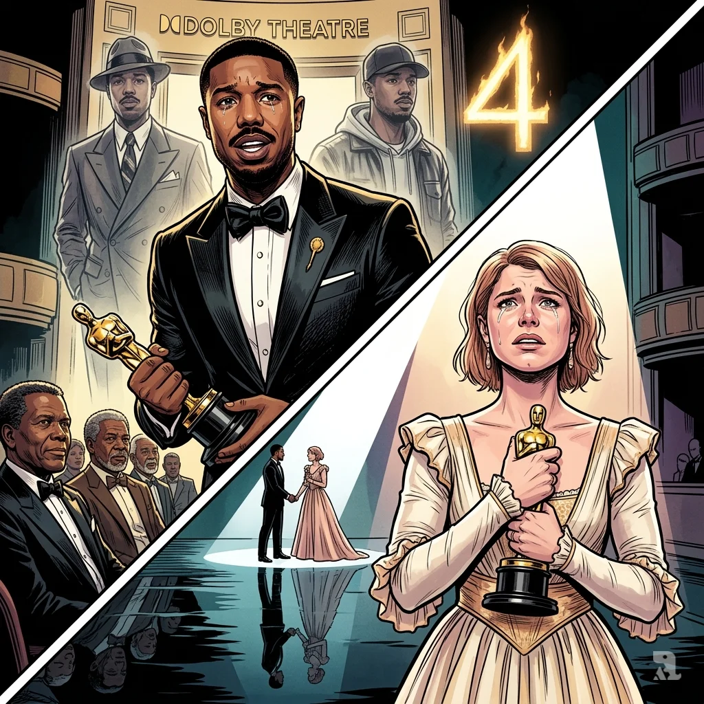 A dynamic two-shot of Oscar winners Michael B. Jordan and Jessie Buckley. Jordan holds his Oscar outward toward the audience in a gesture of offering, flanked by ghostly double exposures of his "Sinners" character. Buckley clutches her award to her chest, looking upward with raw, vulnerable gratitude, a period-inspired ghost suggesting her "Hamnet" role beside her.