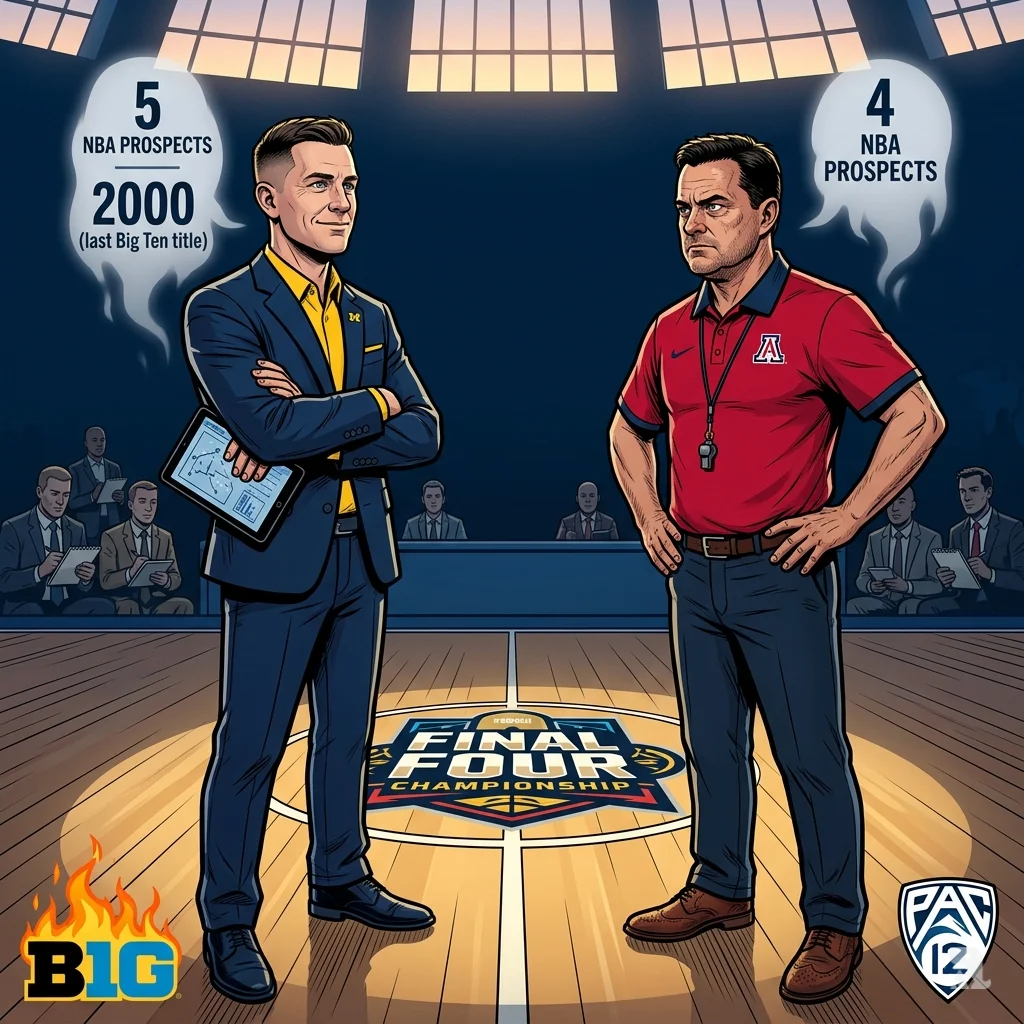 A Michigan coach and an Arizona coach face each other at center court before the Final Four game.