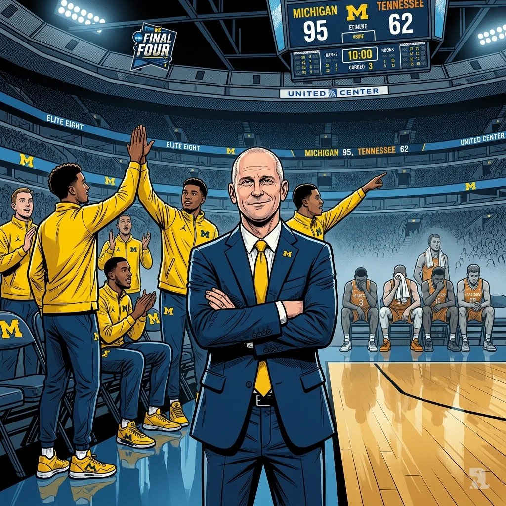 Coach Dan Hurley of Michigan stands with arms crossed, smiling as the scoreboard shows a 95-62 victory over Tennessee.