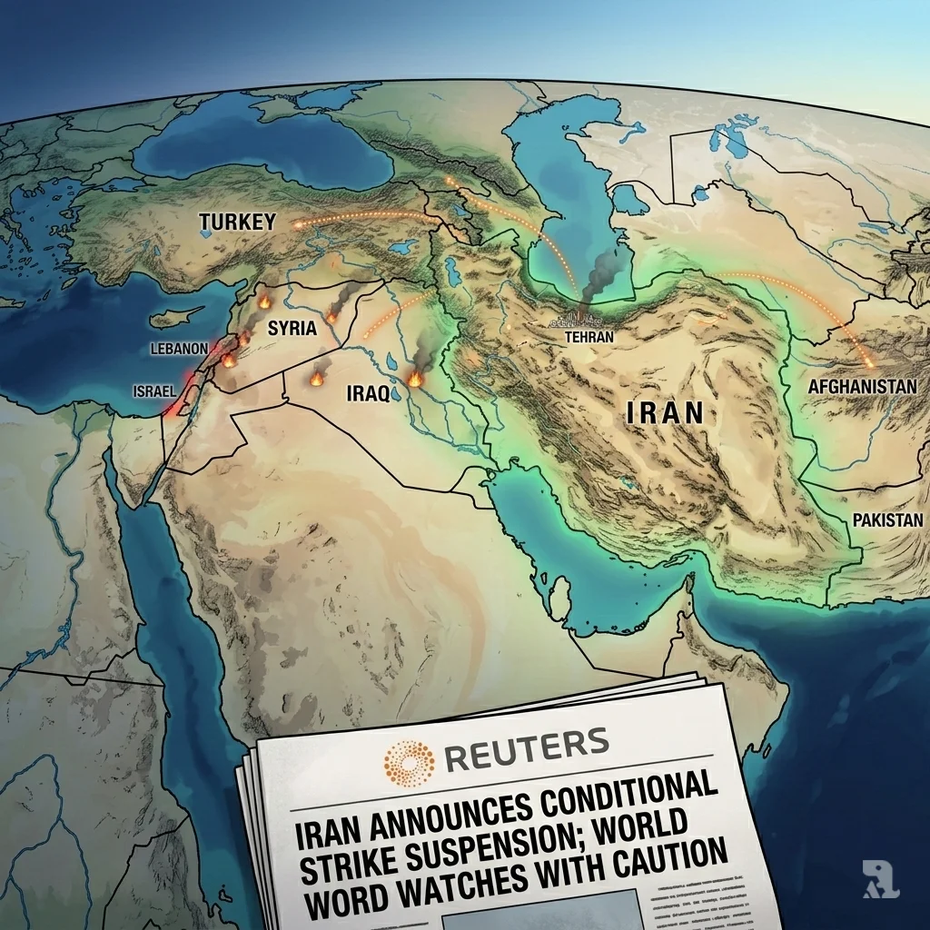 Aerial view of the Middle East showing Iran with a defensive glow and orange warning lines to neighbors. Conflict icons appear in Iraq and Syria, with a Reuters headline below.