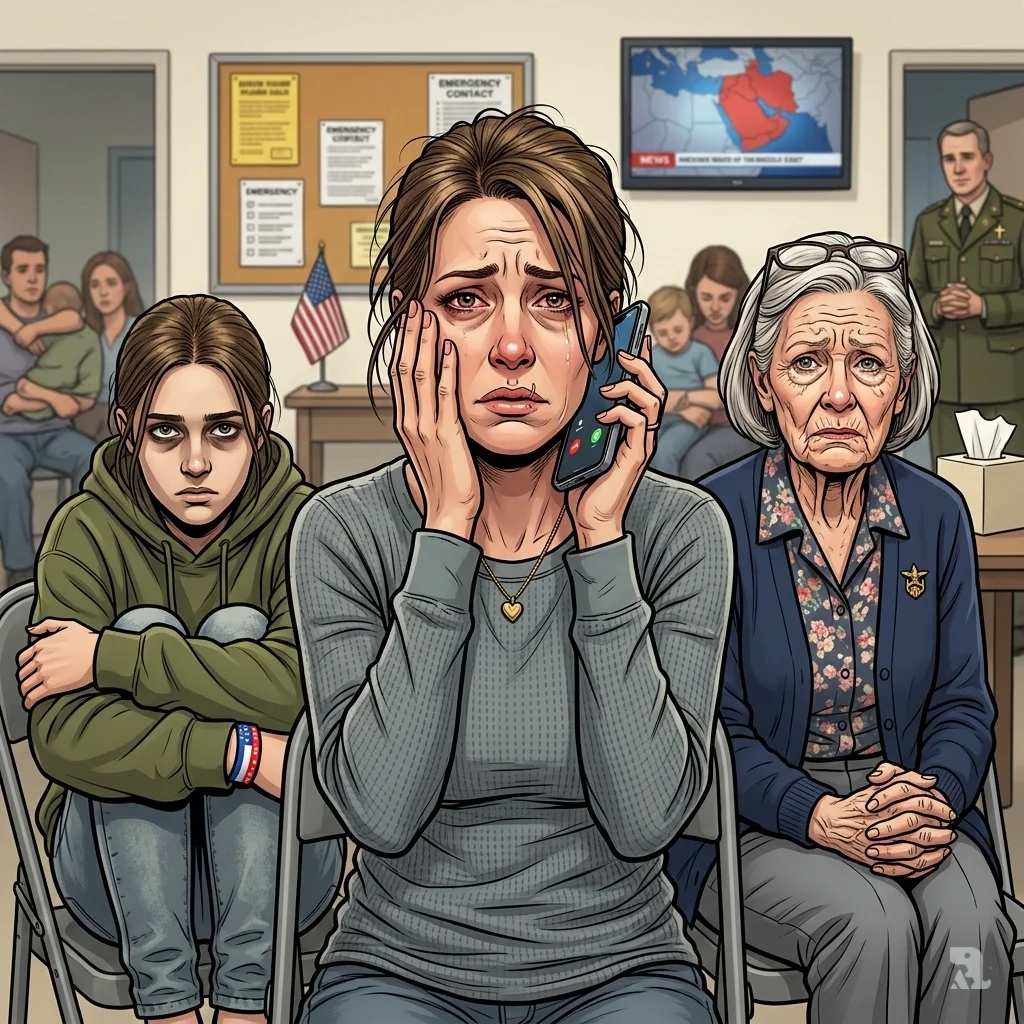 Close-up of a military spouse, daughter, and mother at a support center, their worried faces reflecting the fear that American troops could be killed in Iran.