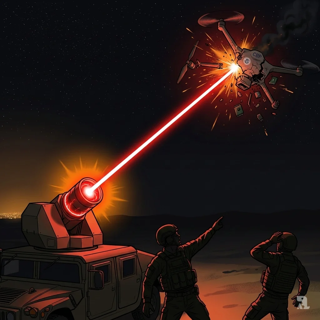 Nighttime laser beam from military vehicle striking CBP-marked drone in friendly fire incident at Fort Hancock, Texas, sparks exploding as operators react in shock.
