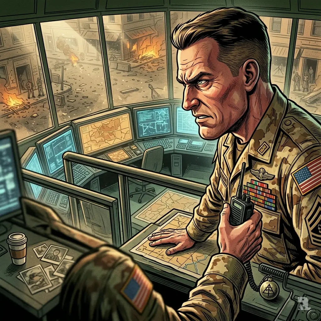 A high-angle view of a stern military officer, Steven Lockjaw, in a command center overlooking a barricaded Southwestern city street, his face lit by tactical screens, conveying cold and rigid menace.