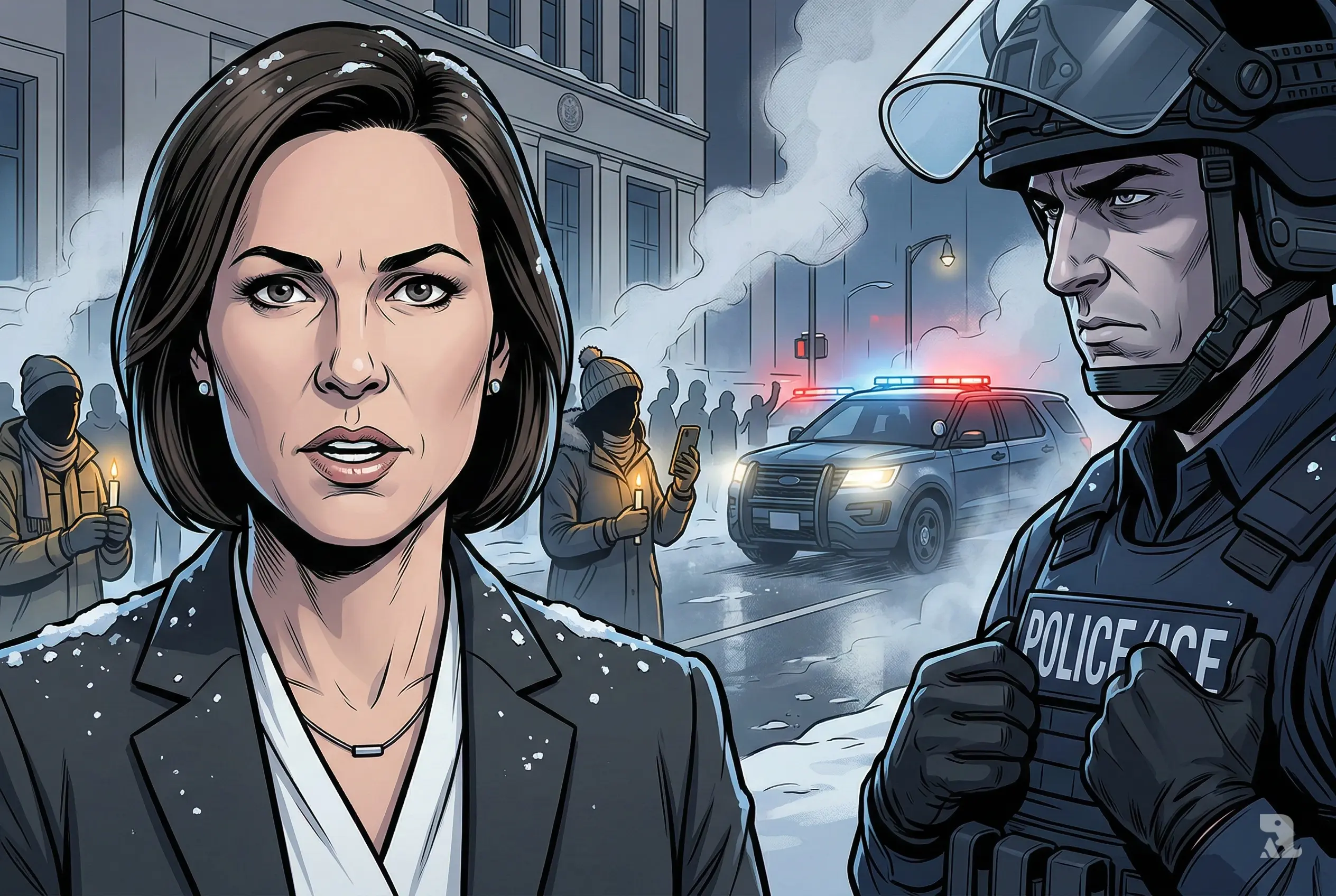 Mary Moriarty stands determined outside a Minneapolis government building as a federal officer looms behind her, with protesters, smoke, and flashing lights in the winter background, symbolizing a legal clash over immigration enforcement.