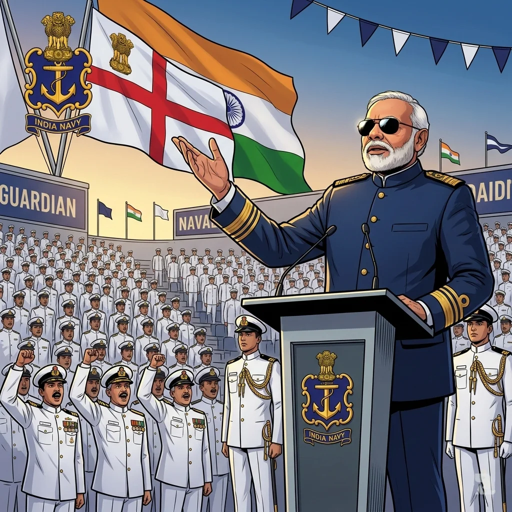 Indian Prime Minister Narendra Modi in a navy uniform addresses a massive gathering of naval officers, declaring the Indian Navy the guardian of the Indian Ocean.