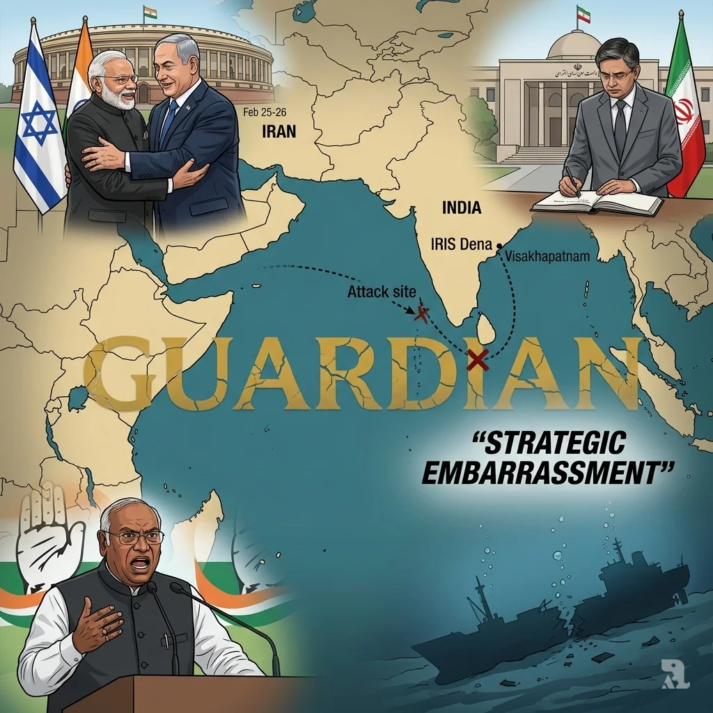 A map of the Indian Ocean shows a fractured 'Guardian' label, contrasting Modi's embrace of Netanyahu with the sunken wreck of the Iranian ship below.