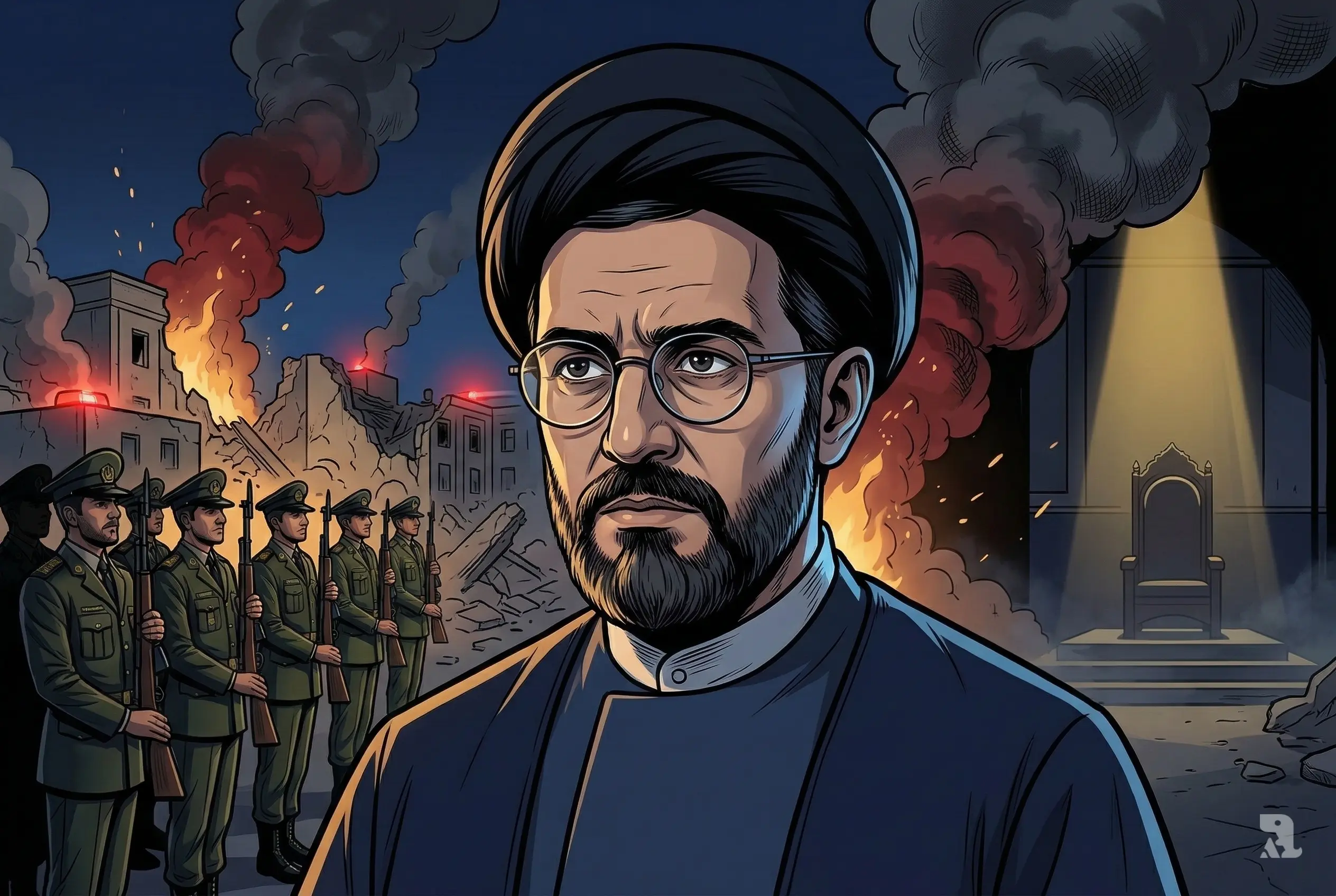 Mojtaba Khamenei in dramatic close view with burning Tehran compound and military forces during Iran leadership crisis