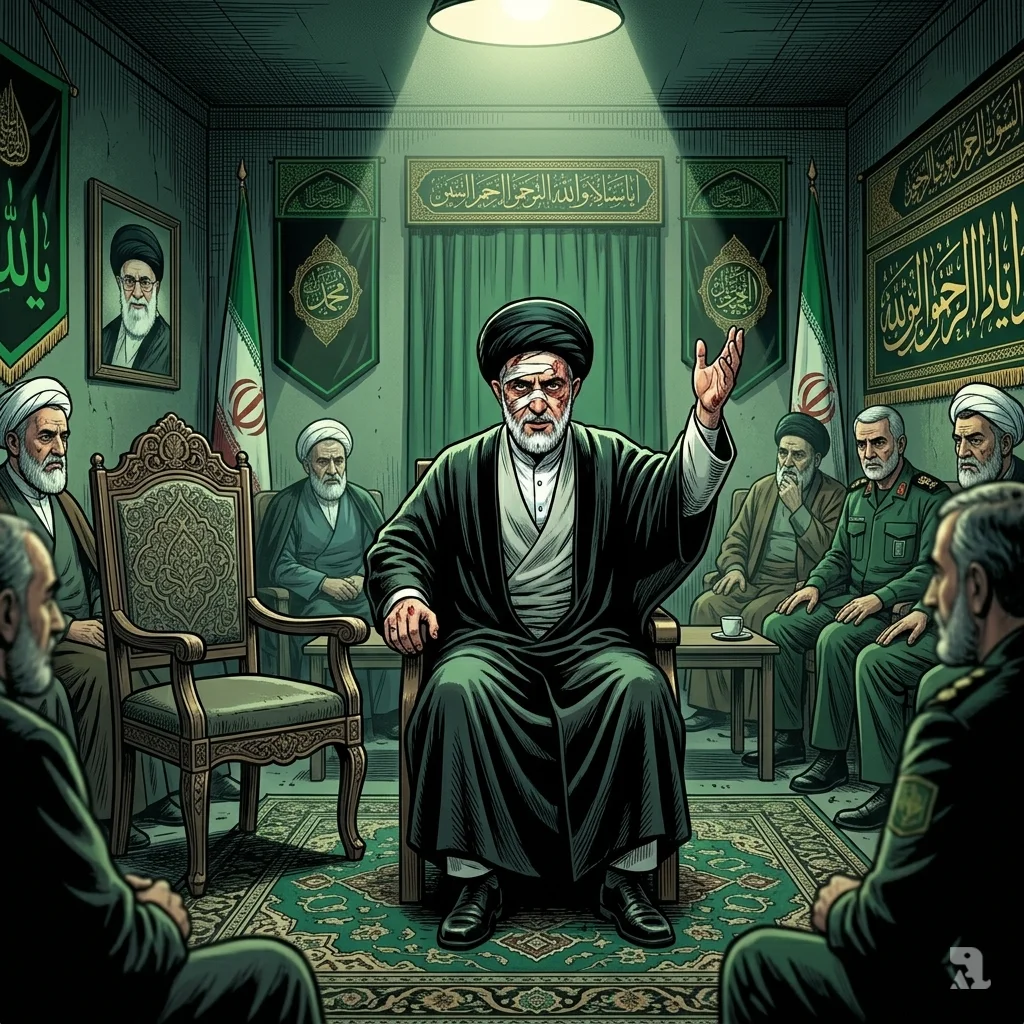 Bandaged and intense, Mojtaba Khamenei sits in a dim council chamber surrounded by officials, stepping into his father's role as Supreme Leader.